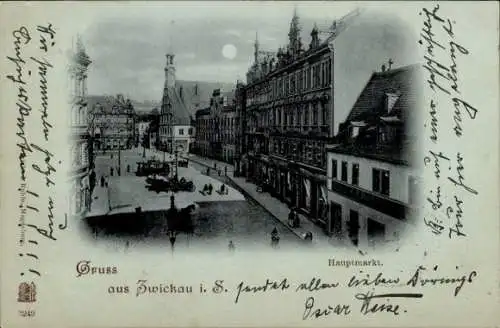 Mondschein Ak Oberplanitz Zwickau, Hauptmarkt bei Nacht