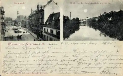 Mondschein Ak Zwickau in Sachsen, Hauptmarkt, Blick von der Paradiesbrücke auf die Mulde