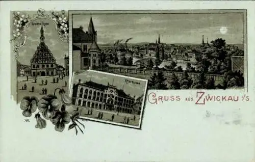 Mondschein Litho Zwickau in Sachsen, Teilansicht, Gewandhaus, Rathaus