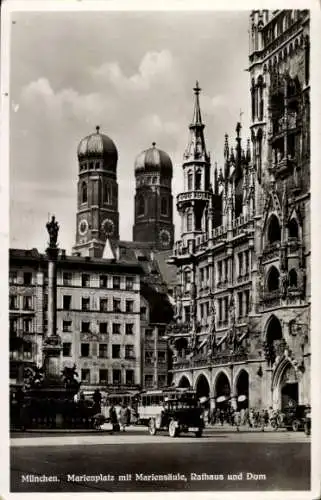 Ak München, Marienplatz, Mariensäule, Rathaus, Dom, Straßenbahn