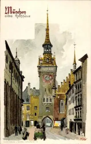 Künstler Litho Kley, Heinrich, München, Altes Rathaus, Außenansicht, Straßenpartie