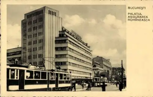 Ak București Bukarest Rumänien, Versicherungspalast, Straßenbahnen