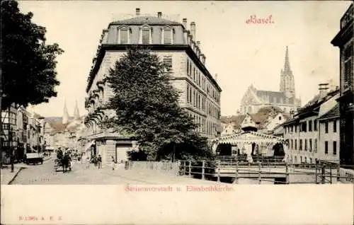 Ak Basel Stadt Schweiz, Steinenvorstadt und Elisabethkirche