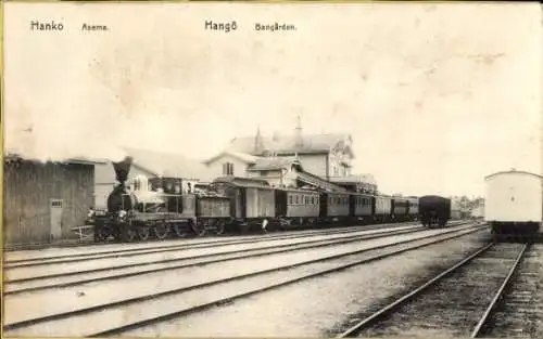 Ak Hanko Hangö Finnland, Bahnhof, Dampflokomotive