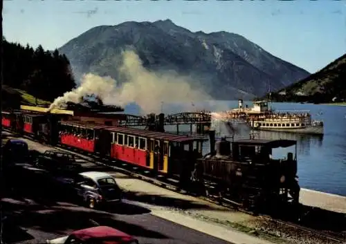 Ak Achensee 93 Tirol Achenseezahnradbahn und Dampfer -Stadt Innsbruck am Landungssteg Seespitze