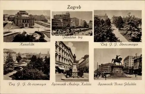 Ak Zagreb Kroatien, Denkmäler, Parkanlage, Kazaliste, Marktplatz