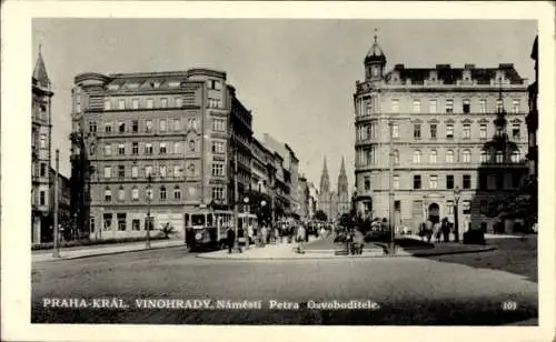 Ak Královské Vinohrady Königliche Weinberge Praha Prag, Náměsti Petra Osvoboditele, Straßenbahn