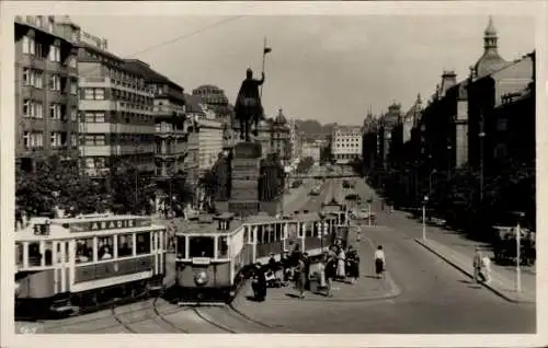 Ak Praha Prag, Wenzelsplatz, Straßenbahn, Reiterdenkmal