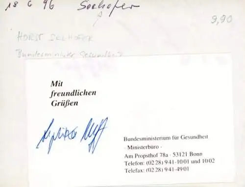 Autogramm Horst Seehofer, Bundesminister für Gesundheit, Karikatur Tomicek, Gesundheitswesen, Kosten