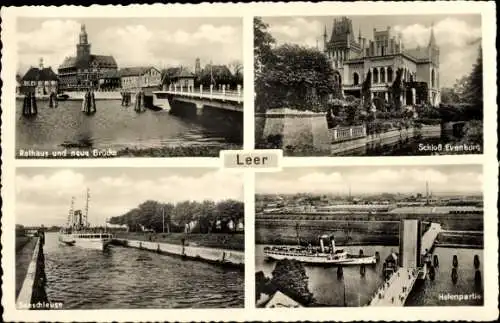 Ak Leer in Ostfriesland, Rathaus und neue Brücke, Schloss Evenburg, Seeschleuse, Hafenpartie