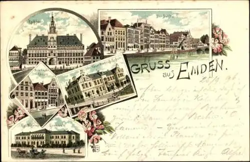 Litho Emden in Ostfriesland, Rathaus, Delft, Kaiser Friedrich Schule, Kgl. Wilhelms-Gymnasium