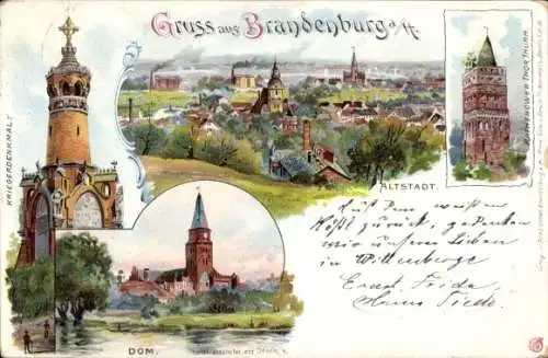 Litho Brandenburg an der Havel, Dom, Torturm, Altstadt, Kriegerdenkmal