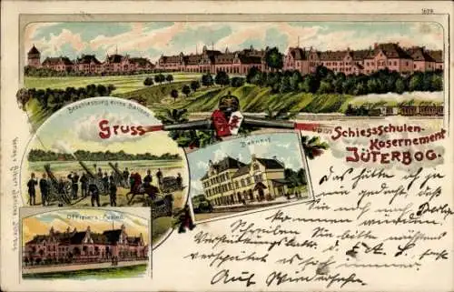 Litho Jüterbog im Kreis Teltow Fläming, Schießschule, Kaserne, Offiziers Kasino, Bahnhof, Dampflok