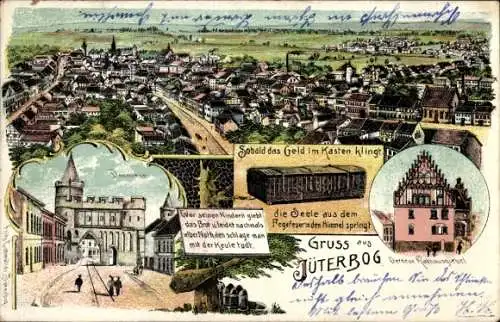 Litho Jüterbog in Brandenburg, Panorama, Dammtor, Rathausgiebel, Spruchtafel, Tetzelkasten