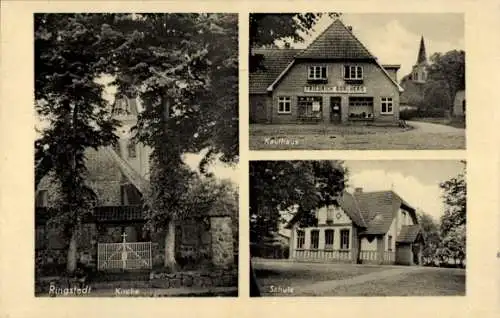 Ak Ringstedt Geestland in Niedersachsen, Kirche, Schule und Kaufhaus Friedrich Borchers