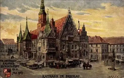 Künstler Ak Irmann, Wrocław Breslau Schlesien, Rathaus, Ring, VII. Sängerfest 1907, Rynek, Ratusz