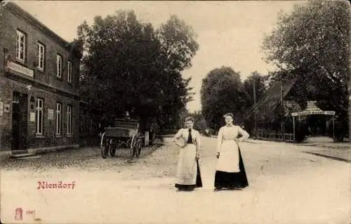 Ak Hamburg Eimsbüttel Niendorf, Straßenpartie, Restaurant, zwei Frauen, Kutsche