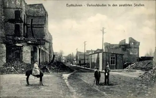Ak Tschernyschewskoje Eydtkuhnen Ostpreußen, Verkaufsbuden in den zerstörten Straßen, I. WK