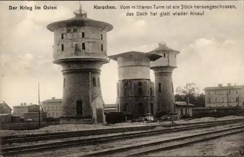 Ak Korsze Korschen Ostpreußen, Bahnhof, Wasserturm, Kriegszerstörung I. WK