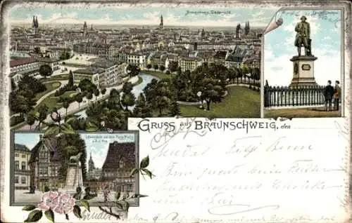 Litho Braunschweig, Stadtpanorama, Lessing Denkmal, Löwensäule, Burgplatz