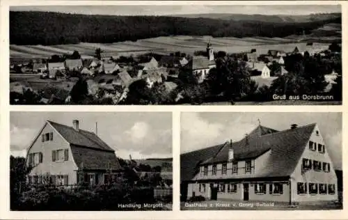 Ak Dorsbrunn Pleinfeld in Mittelfranken, Gesamtansicht, Geschäft Morgott, Gasthof zum Kreuz