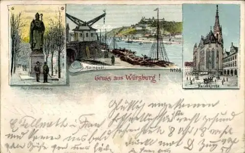 Litho Würzburg am Main Unterfranken, Mainquai, Marienkirche, Denkmal