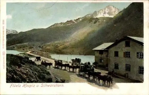 Ak Kt. Graubünden Schweiz, Flüela Hospiz, Schwarzhorn, Kutschen