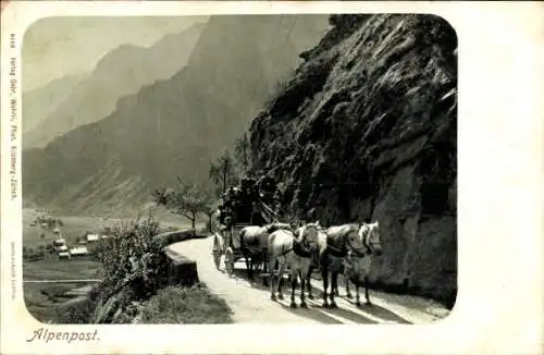 Ak Alpenpost, Postkutsche, Pferde, Straße, Alpen