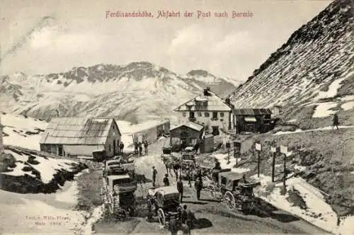 Ak Stilfserjoch Passo dello Stelvio Südtirol, Ferdinandshöhe, Abfahrt der Post nach Bormio