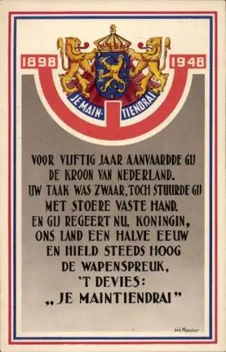 Wappen Ak Niederlande, Löwen, Jubiläum, 1898-1948