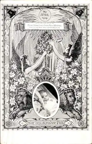 Passepartout Ak Geburt der Prinzessin Juliana der Niederlande, April 1909