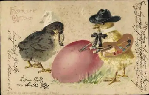 Litho Frohe Ostern, Vermenschlichte Küken, Osterei, Maler, Pfeife