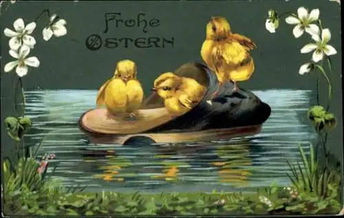 Präge Litho Frohe Ostern, Küken in einem Pantoffel auf dem Wasser, EAS