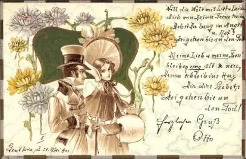 Präge Litho Paar in historischen Kostümen, Blumen