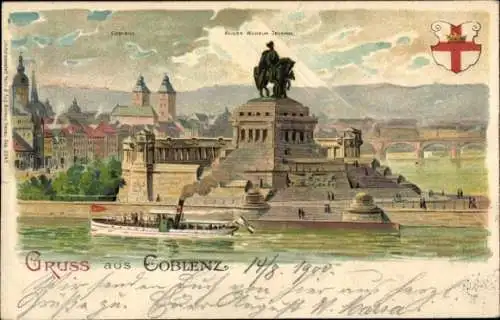 Litho Koblenz am Rhein, Deutsches Eck, Kaiser Wilhelm Denkmal
