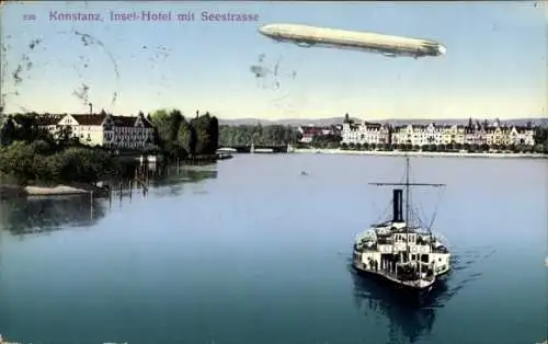 Ak Konstanz am Bodensee, Zeppelin über der Stadt, Inselhotel mit Seestraße, Dampfer