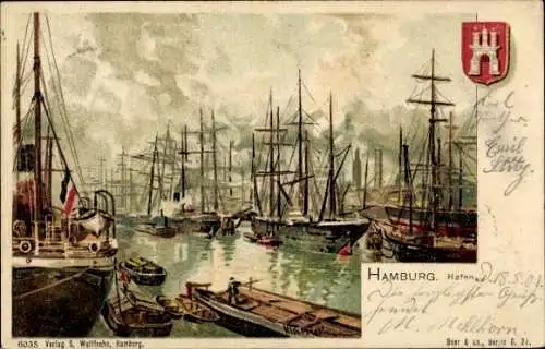 Litho Hamburg, Hafen, Schiffe, Wappen