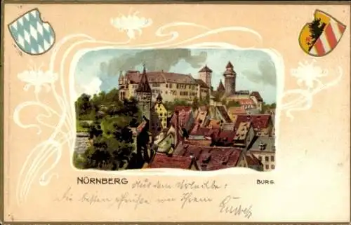 Präge Wappen Ak Nürnberg, Blick zur Burg, Hausdächer