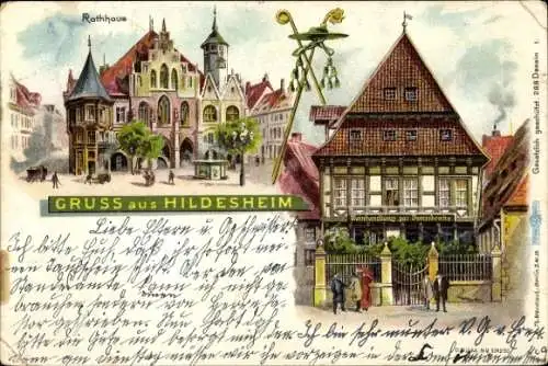 Litho Hildesheim in Niedersachsen, Rathaus, Weinhandlung zur Domschenke