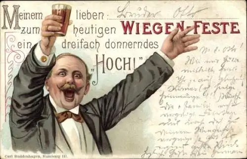 Litho Glückwunsch zum Geburtstag, Mann mit Bierglas, dreifach donnerndes Hoch