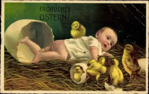 Ak Frohe Ostern, Baby und Küken aus Eiern geschlüpft