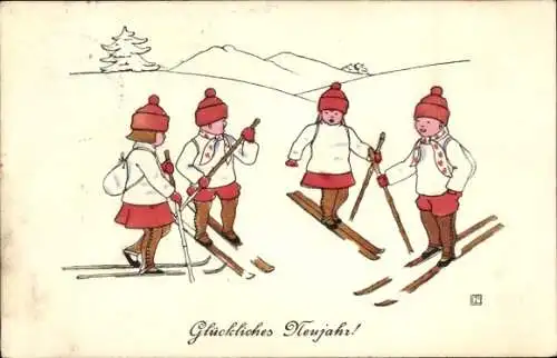 Künstler Ak Fröhliches Neujahr, Kinder beim Skifahren, BKWI 2774-6