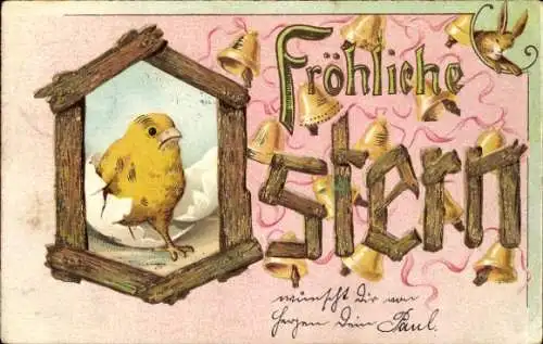 Buchstaben Litho Frohe Ostern, Küken, Glocken, Osterhase