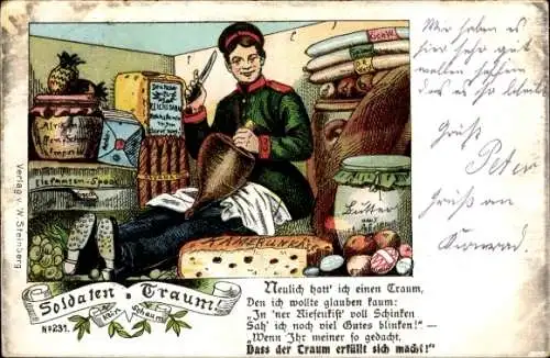 Litho Soldatentraum, Soldat mit Liebesgaben, Schinken, Käse, Butter