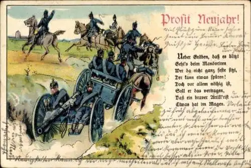 Litho Prosit Neujahr, Artillerie Train, Geschütztransport