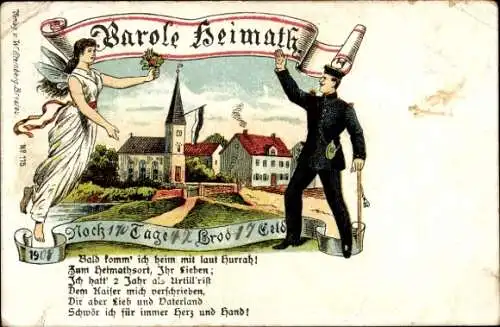 Litho Parole Heimat, Soldat, Engel mit Blumenstrauß