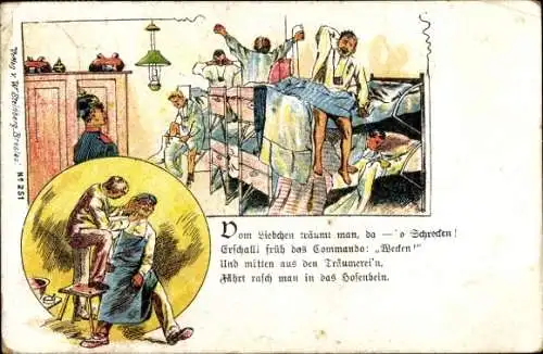 Litho deutsche Soldaten auf der Stube beim Wecken, beim Barbier