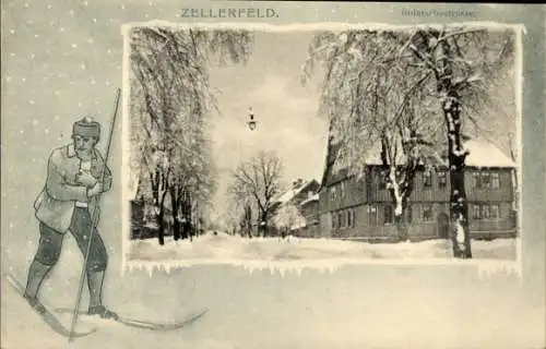 Passepartout Ak Clausthal Zellerfeld im Oberharz, Goslarsche Straße, Winter, Ski