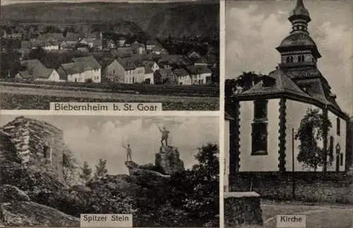 Ak Biebernheim St. Goar am Rhein, Spitzer Stein, Kirche
