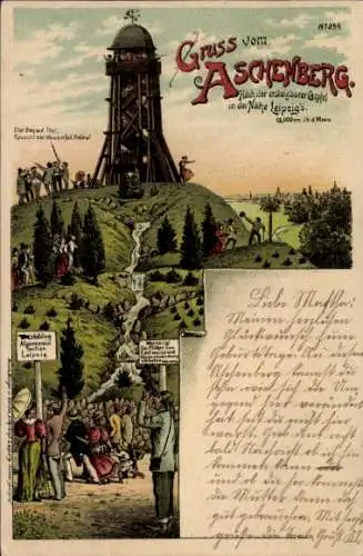 Litho Leipzig in Sachsen, Aschenberg, Aussichtsturm, Wasserfall, Touristen